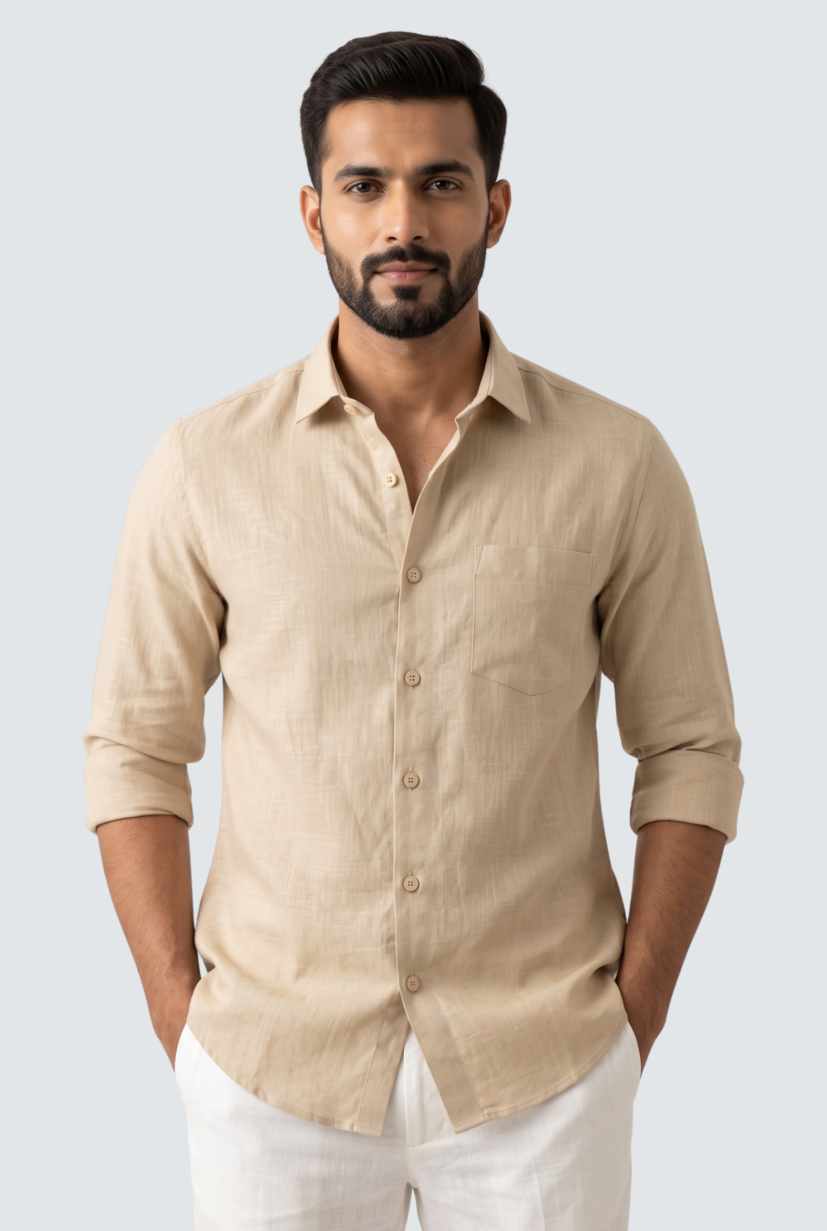 Fawn linen button-up shirt with collar, front buttons, and three-quarter sleeves