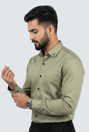 Men's olive button-up cotton satin shirt, side view with long sleeves and dark buttons