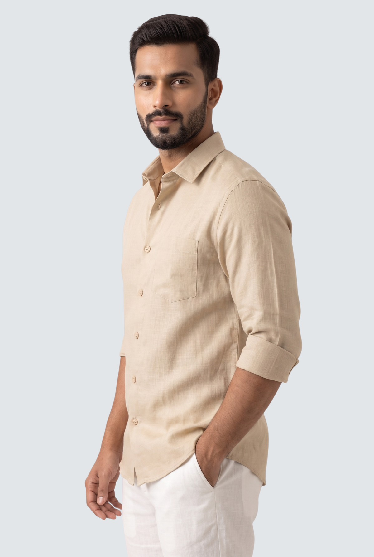 Fawn linen button-up shirt, side profile with collar and button placket
