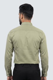 Men's olive button-up shirt, back view with point collar and yoke seams