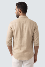Fawn linen button-up shirt, back view with yoke and folded sleeves