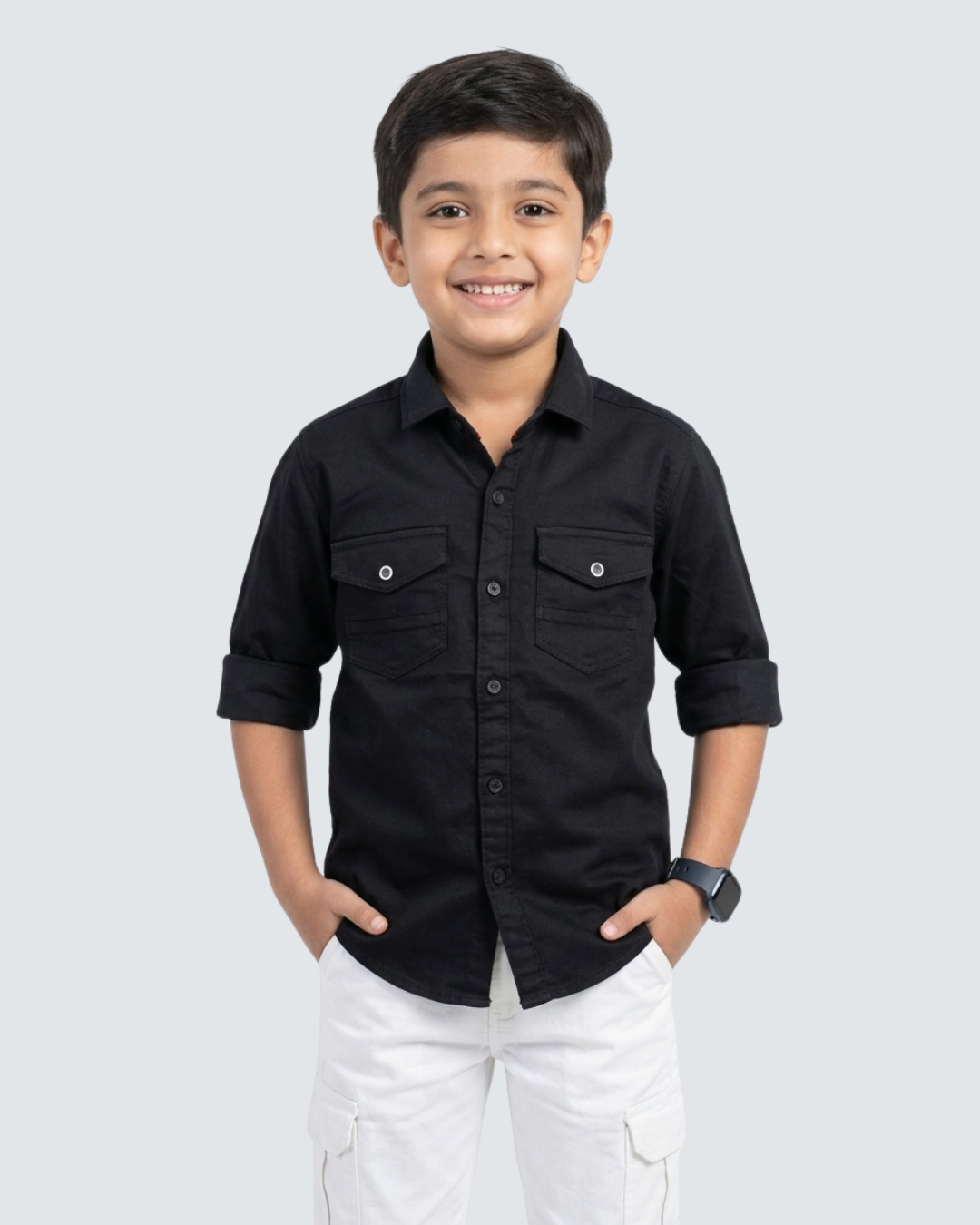 Boys black cotton button-up shirt with chest pockets and long sleeves
