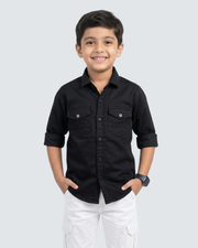 Boys black cotton button-up shirt with chest pockets and long sleeves