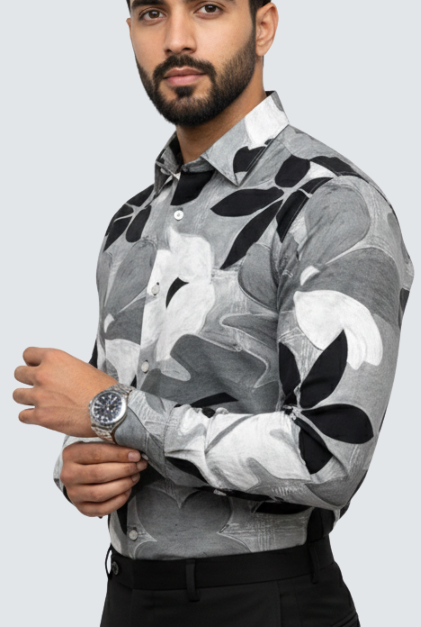 Men’s Satin Printed Shirt – Grey & Black Floral Design( 1798)