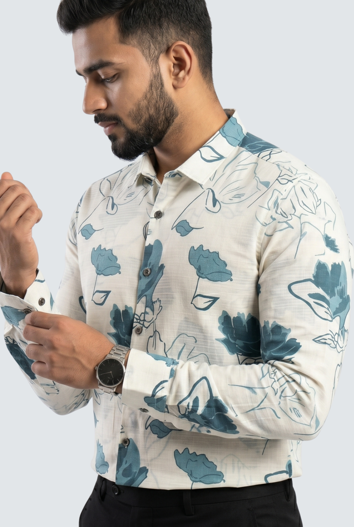 Men’s Sky Blue Floral Print Fine Cotton Shirt-(1866)