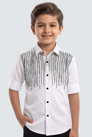 Kids white dress shirt with vertical black sequin fringe and black button placket