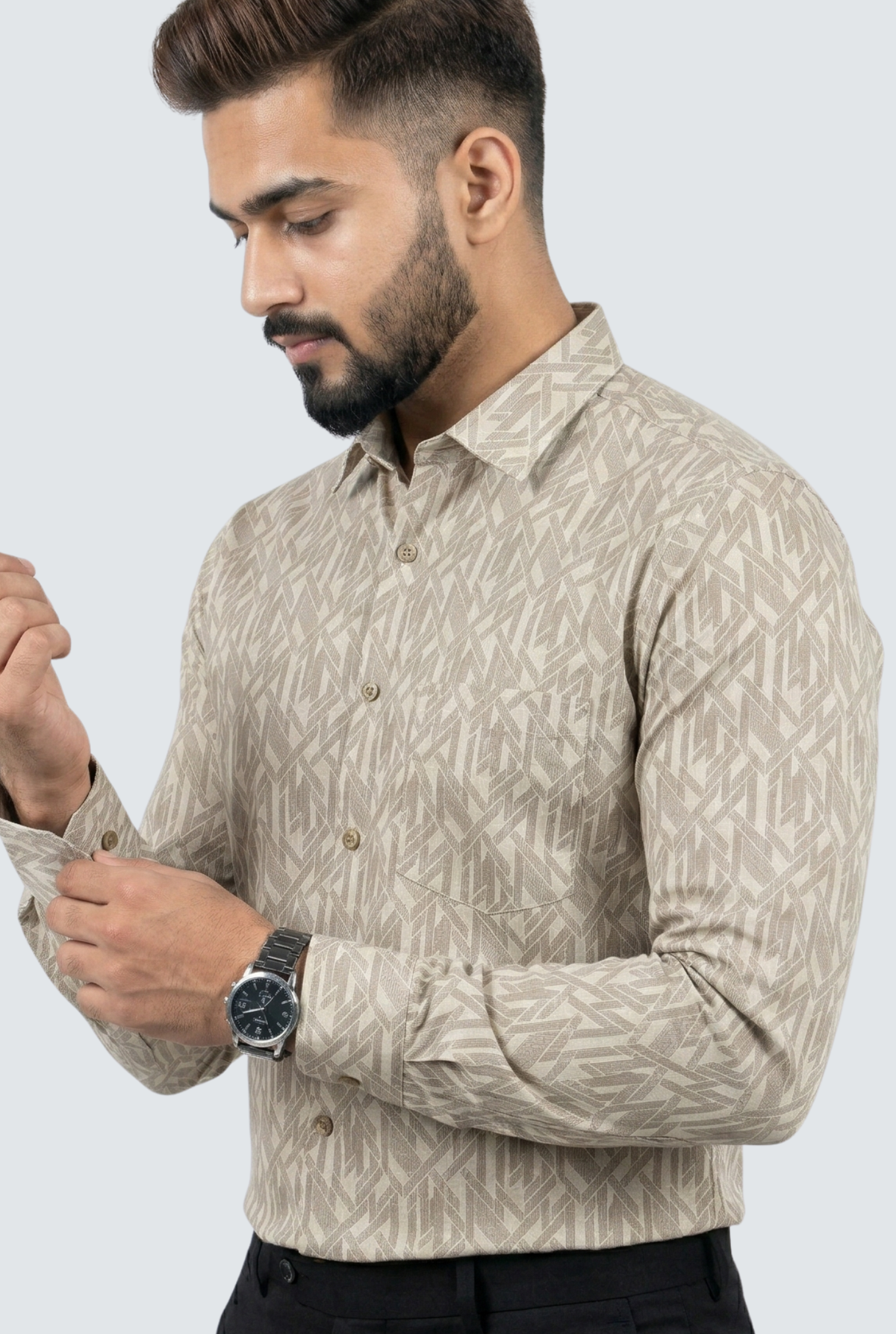 Men's fawn dobby cotton shirt, geometric print, button-front and cuffed long sleeves