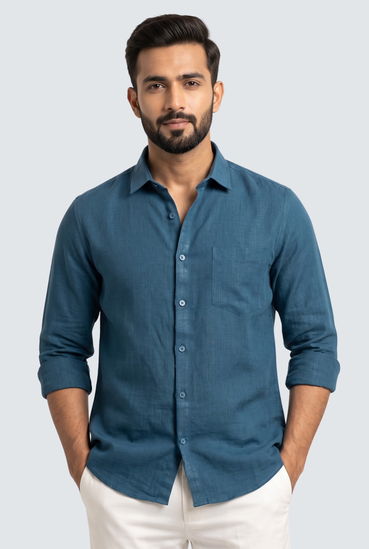 Men's Rama linen shirt, teal blue, button-front with pocket and 3/4 sleeves
