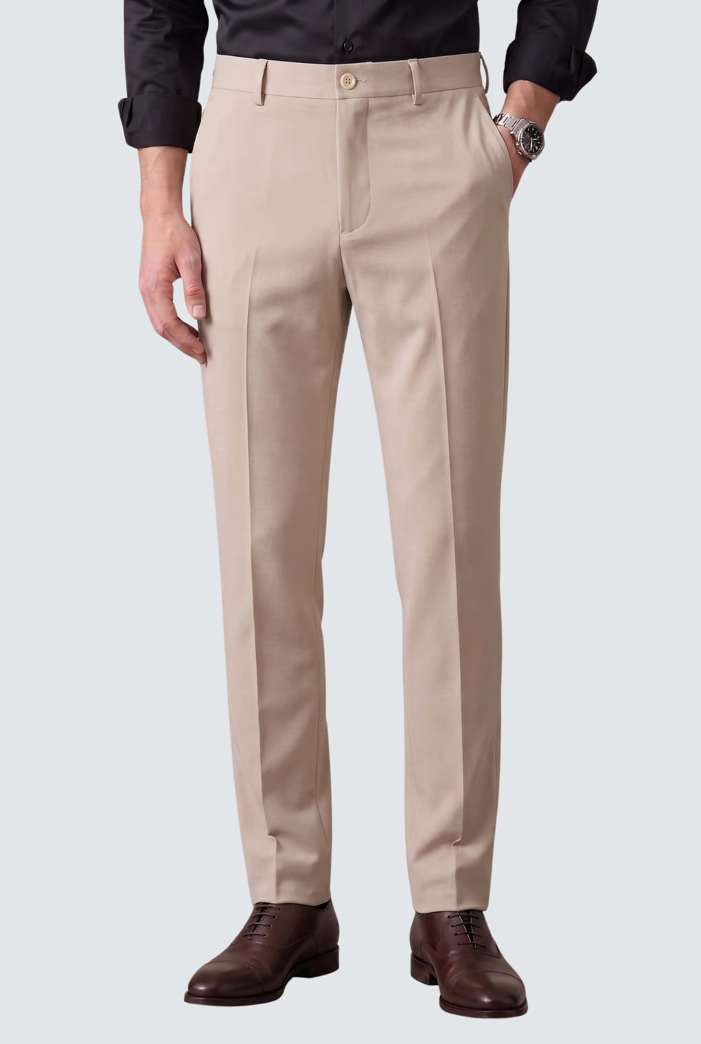 Men's fawn slim-fit regular trousers, front view, belt loops and button waist