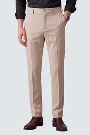 Men's fawn slim-fit regular trousers, front view, belt loops and button waist