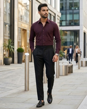 Maroon long-sleeve button-down shirt with collar and button front