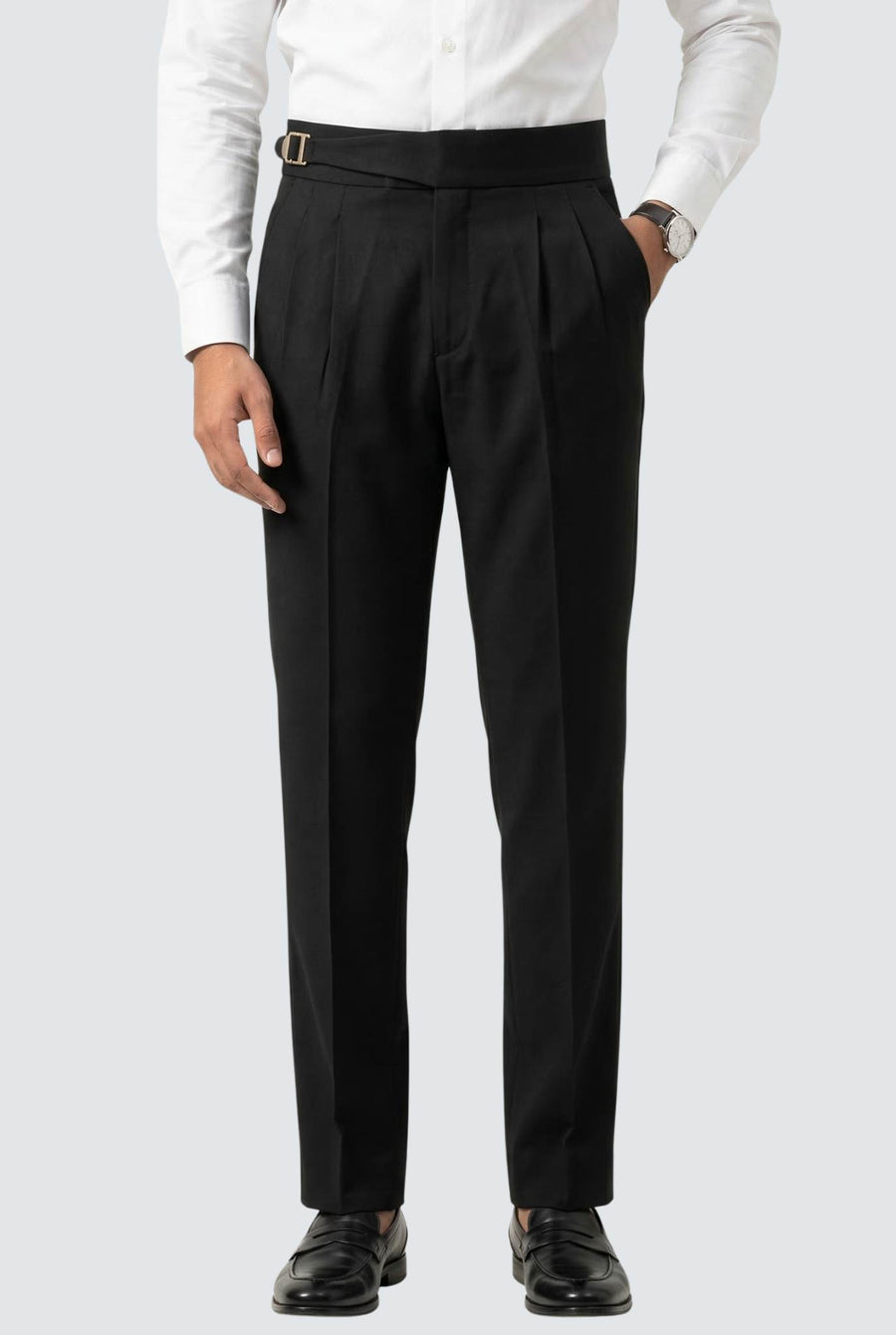 Men's black casual trousers with pleated front, belt loops, and straight legs