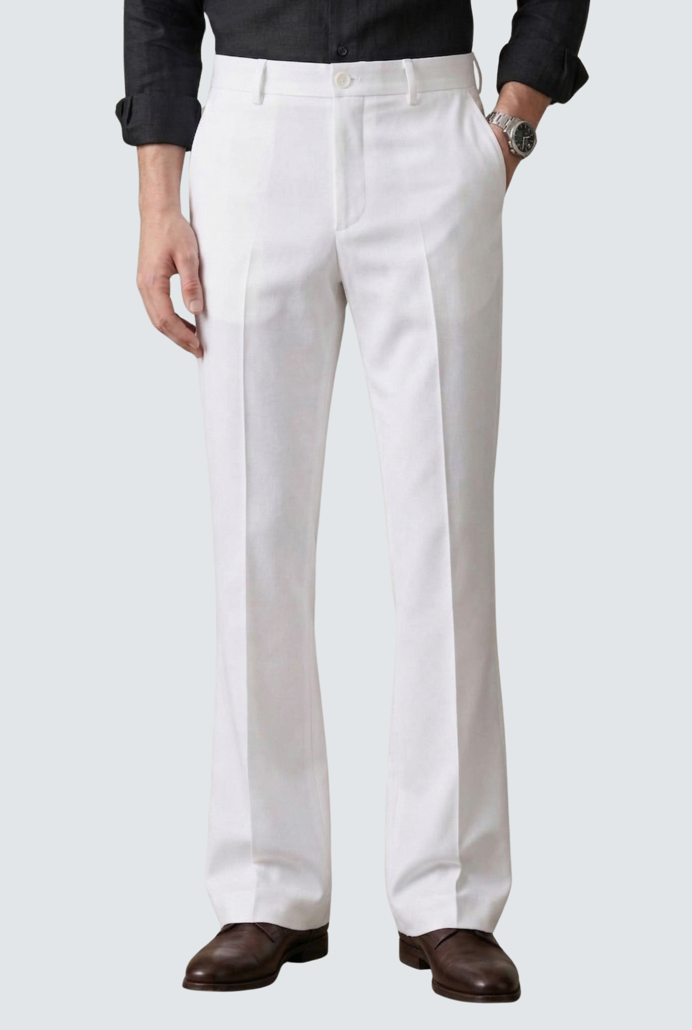 Men's white bootcut trousers, high-rise with button waistband and crease