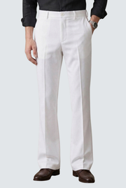 Men's white bootcut trousers, high-rise with button waistband and crease