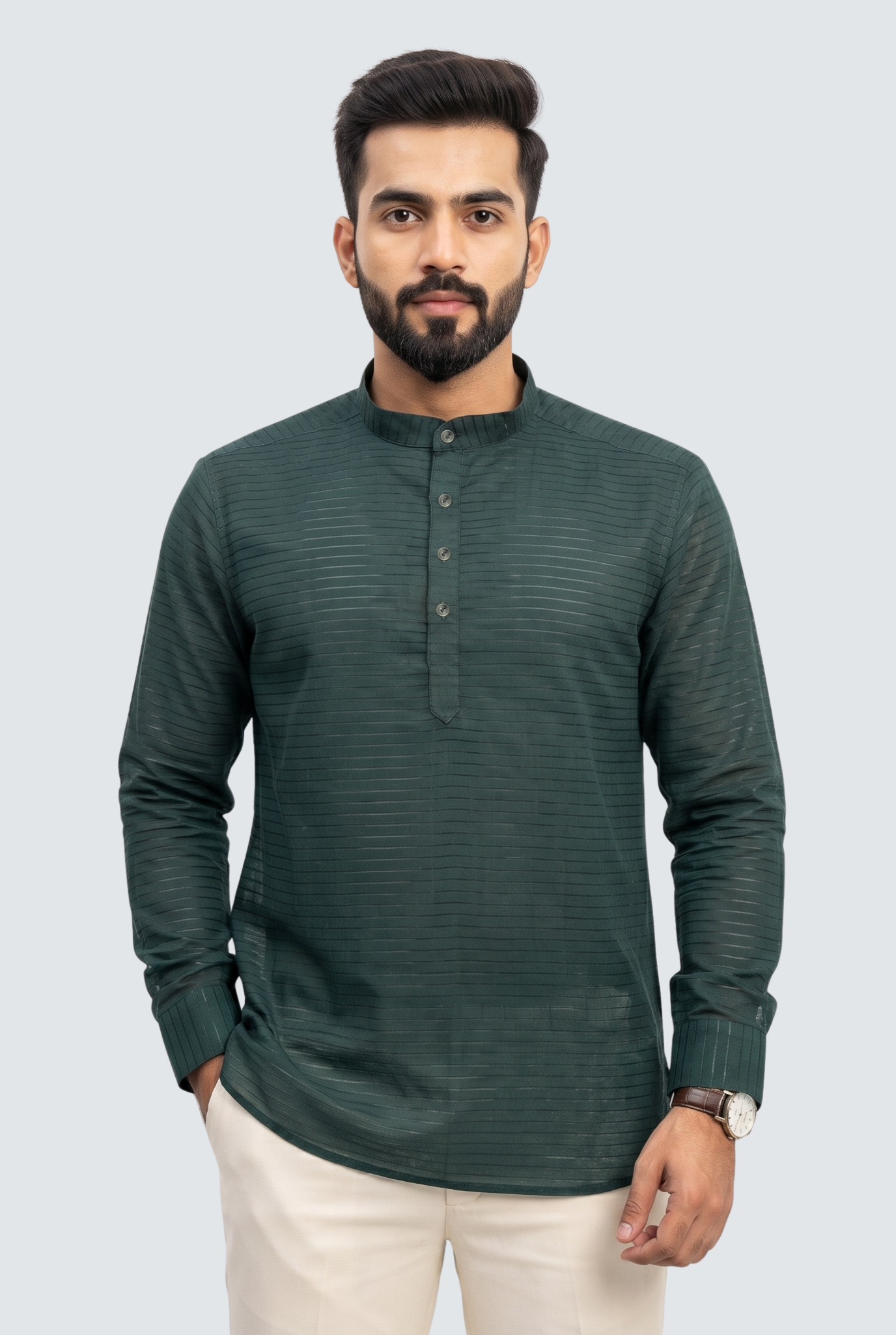 Men's bottle-green short kurta with band collar and button placket, long sleeves