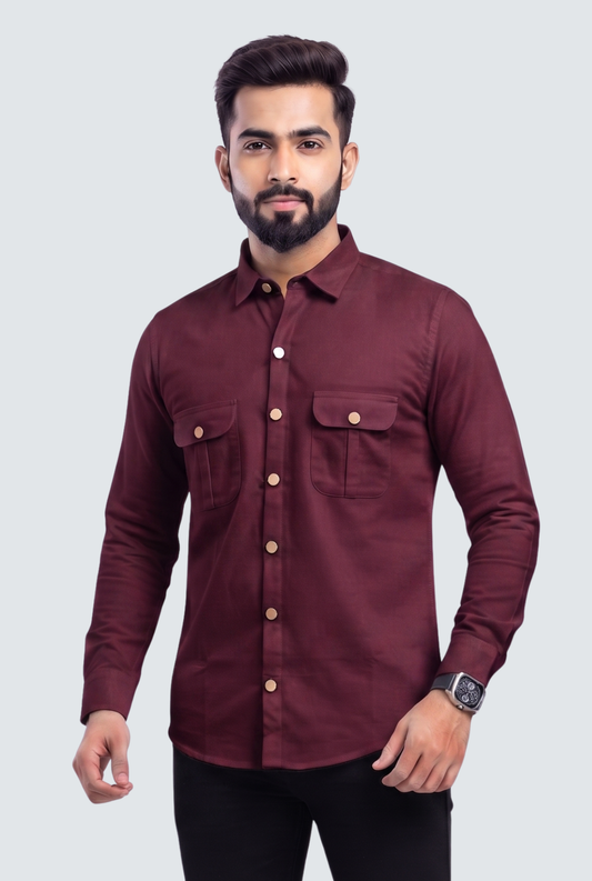 Men's wine cotton lycra full-sleeve shirt with double chest pockets and button front