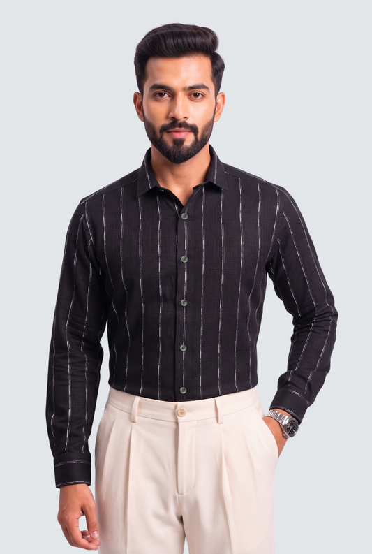 Men's black linen stripe shirt with button-front and long sleeves