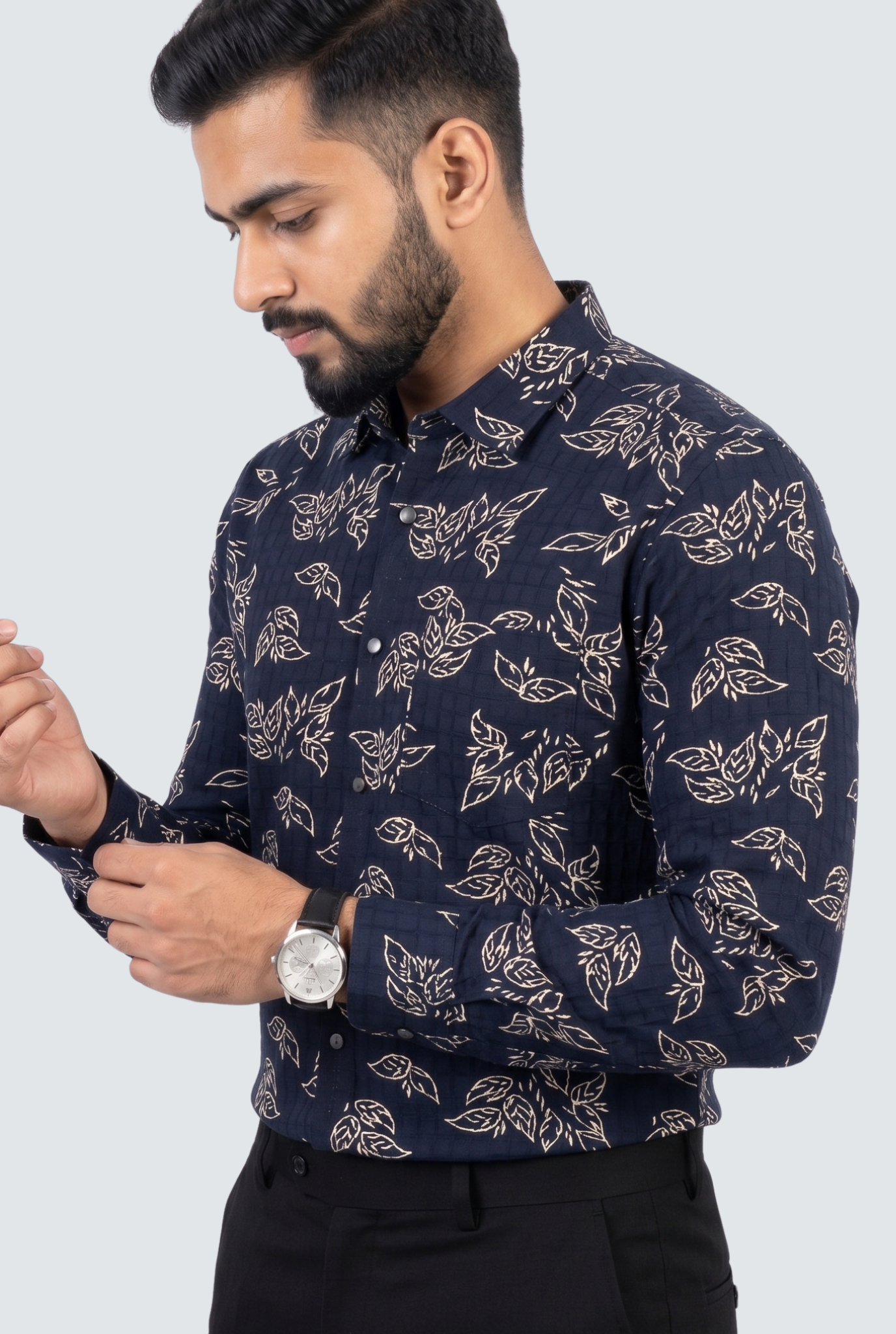 Men’s Navy Blue Printed Cotton Dobby Shirt-(1859)
