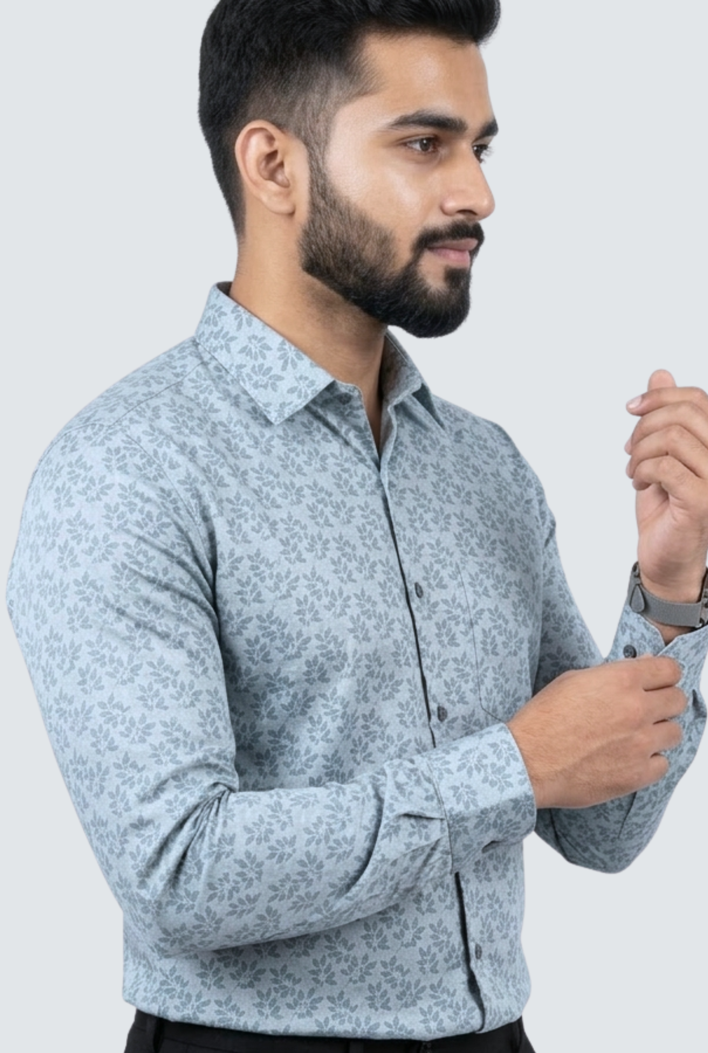 Men’s Light Green Satin Fabric Leaf Print Shirt (1831)