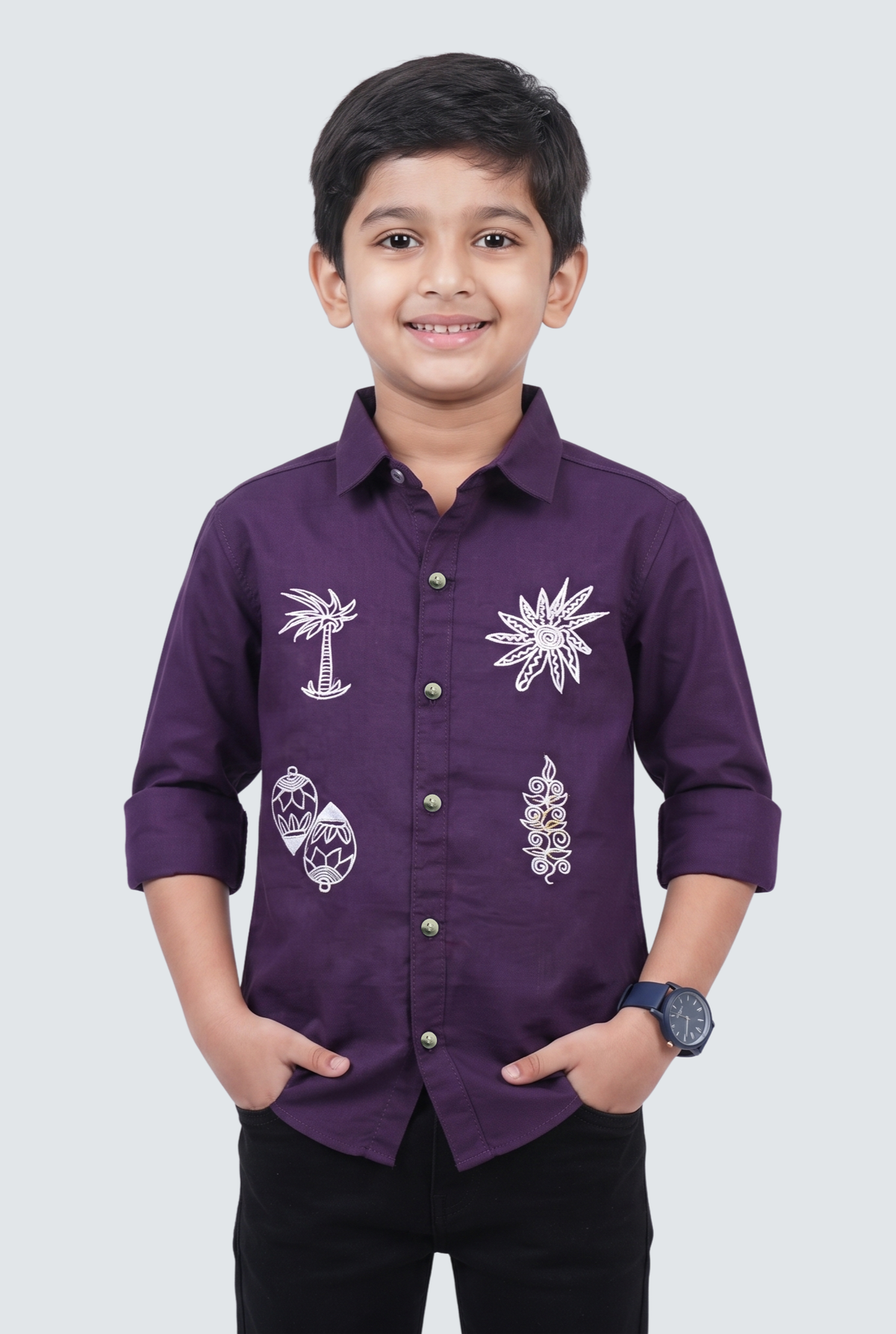 Boys purple twill full-sleeve button-up shirt with white printed motifs
