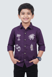 Boys purple twill full-sleeve button-up shirt with white printed motifs