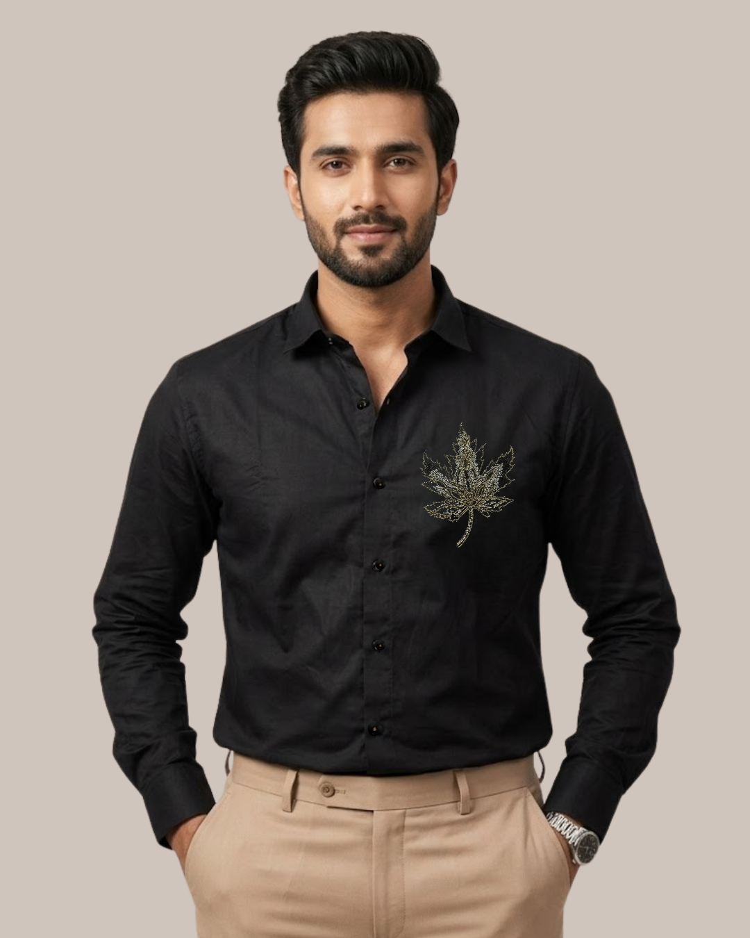 Black cotton satin lycra button-up shirt, gold leaf emblem on left chest.