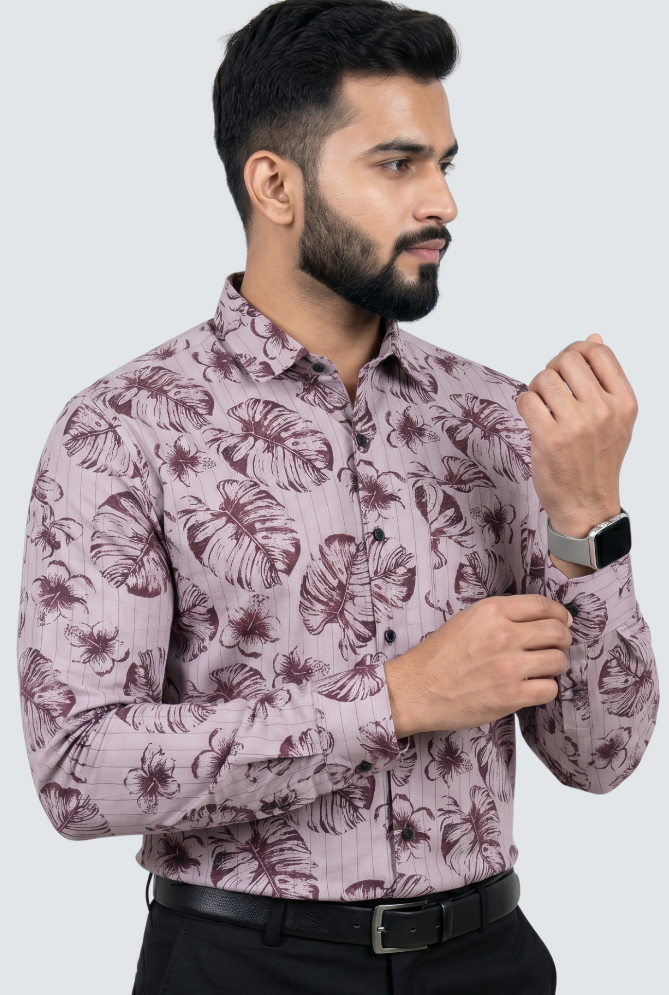 Men’s Leaf Print Dobby Cotton Shirt-Lavender(1883)