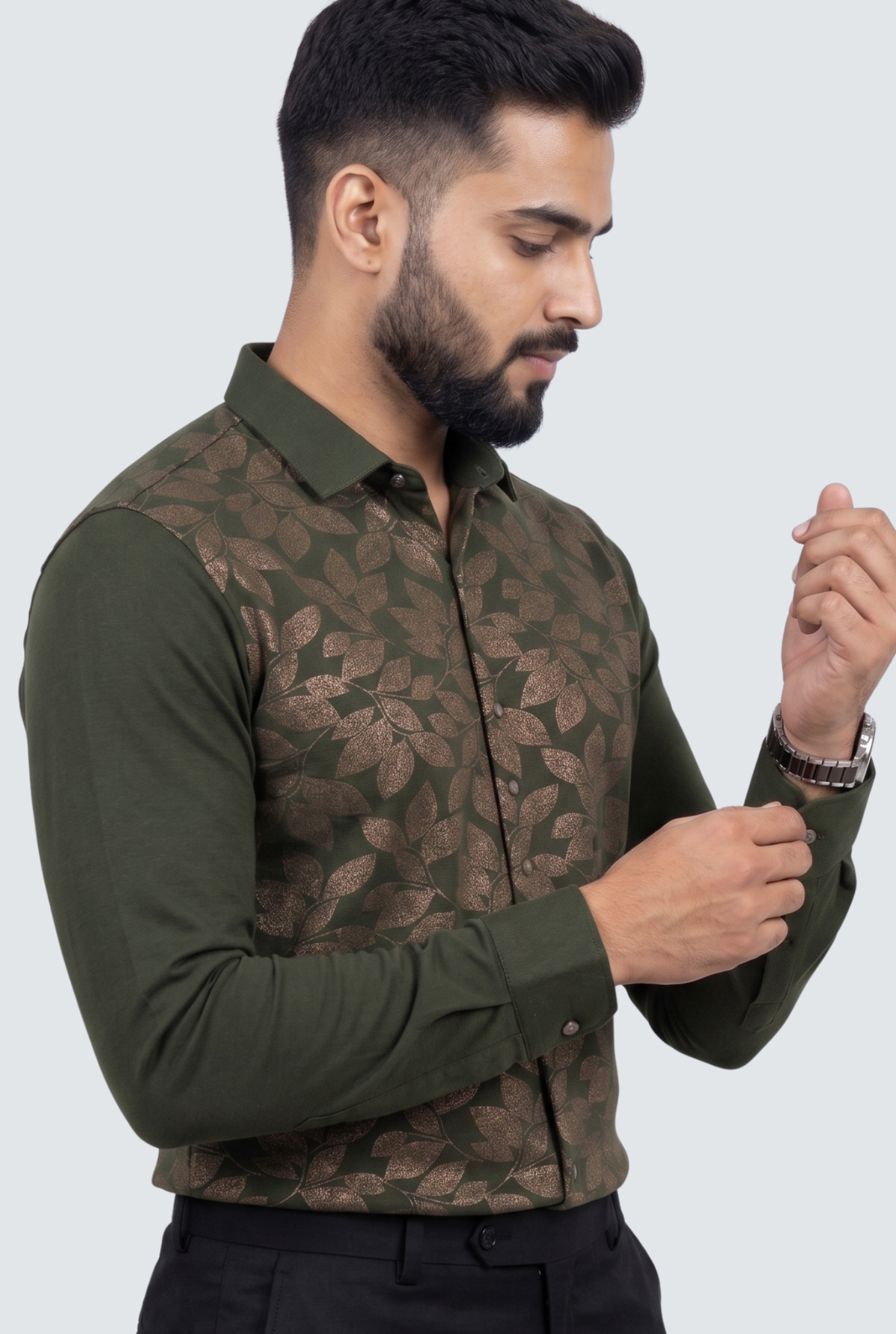 Men's designer shirt, dark green sleeves and brown leaf-patterned front, button-up