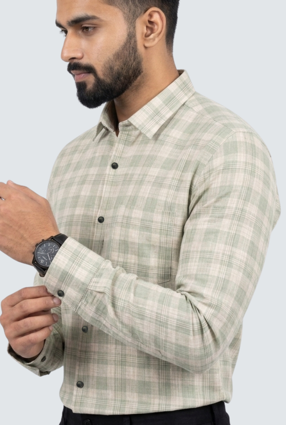 Men's linen casual shirt, light green plaid, button-front, chest pocket, long sleeves