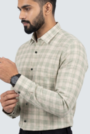 Men's linen casual shirt, light green plaid, button-front, chest pocket, long sleeves