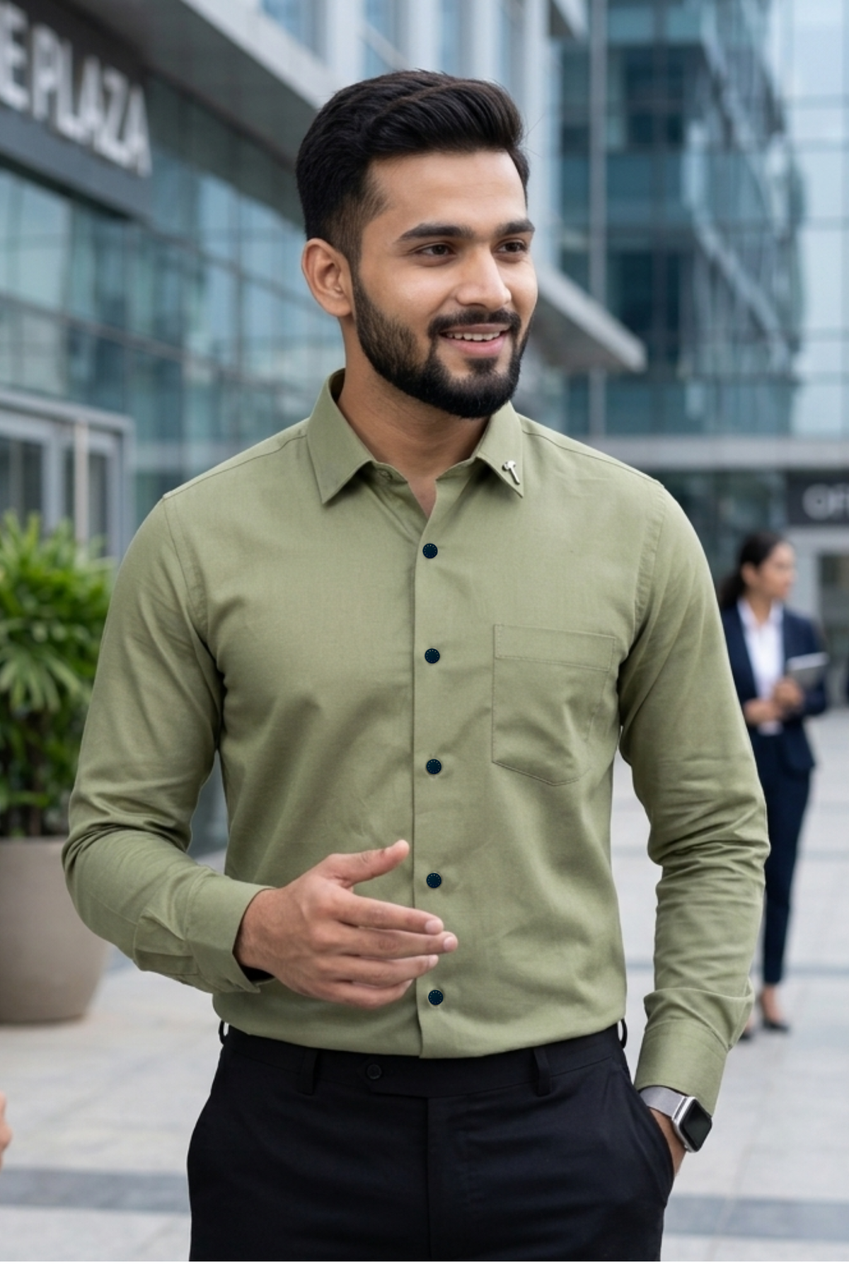 Men's olive button-up cotton satin shirt with point collar, chest pocket, long sleeves