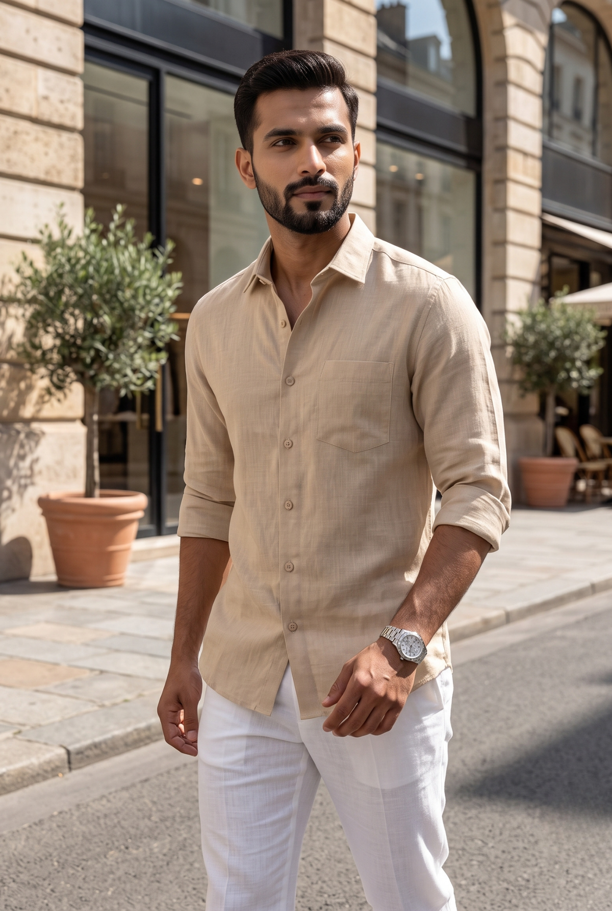Fawn linen button-up shirt with collar and front buttons