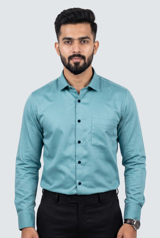 Men's teal cotton satin lycra shirt, button-up with chest pocket and spread collar