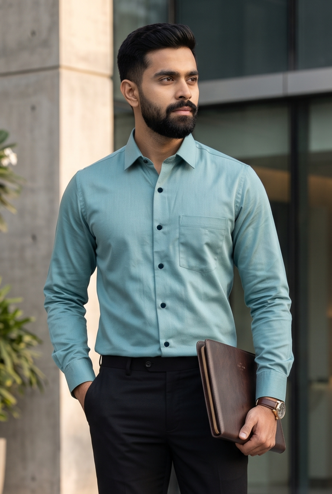 Men's teal cotton satin lycra shirt with chest pocket, button-up front, side pose