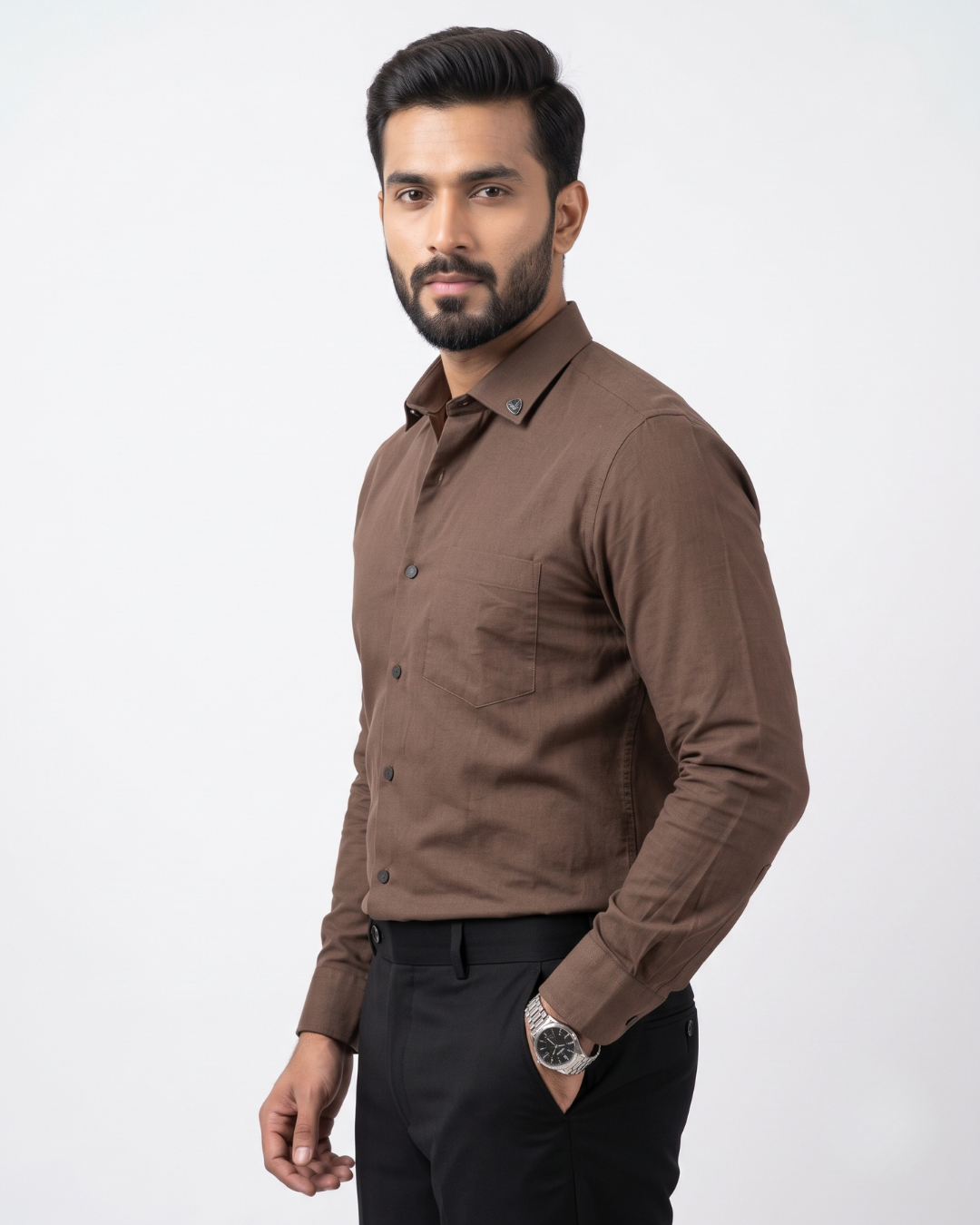 Brown cotton button-up shirt, long sleeve side view, chest pocket, dark buttons