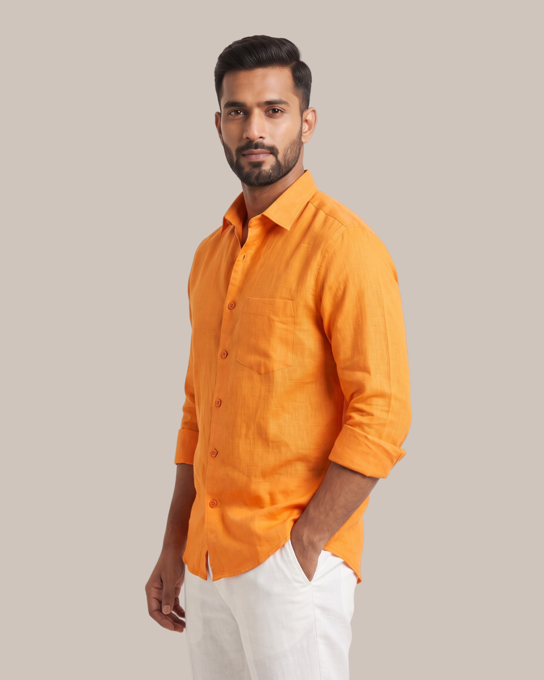 Orange linen shirt with button front and chest pocket, left-side view