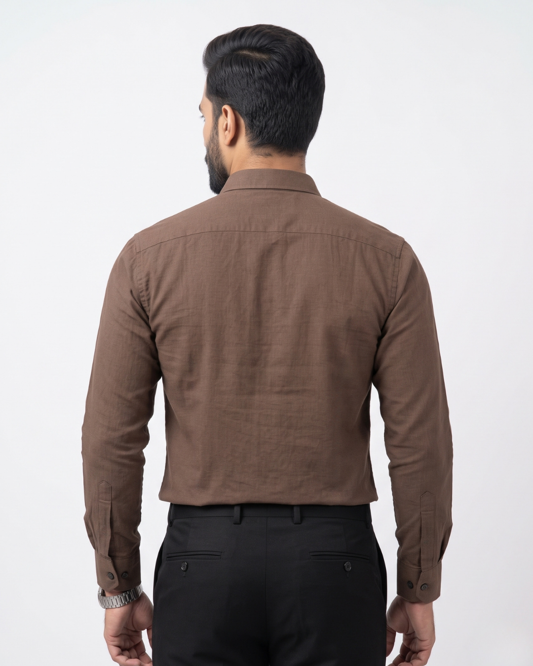 Brown cotton button-up shirt back view, long sleeves, buttoned collar