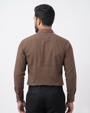 Brown cotton button-up shirt back view, long sleeves, buttoned collar