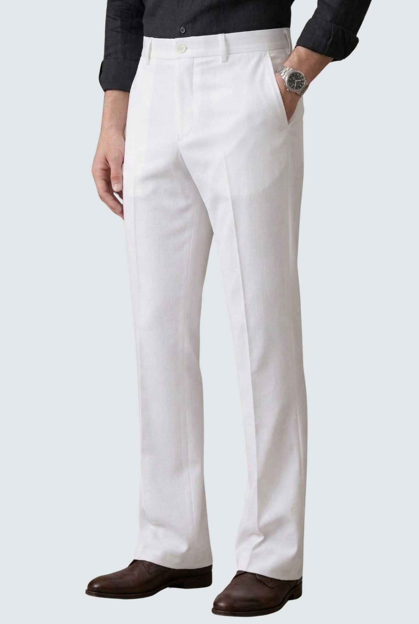 Men's white bootcut trousers with button waistband and clean front