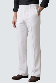 Men's white bootcut trousers with button waistband and clean front