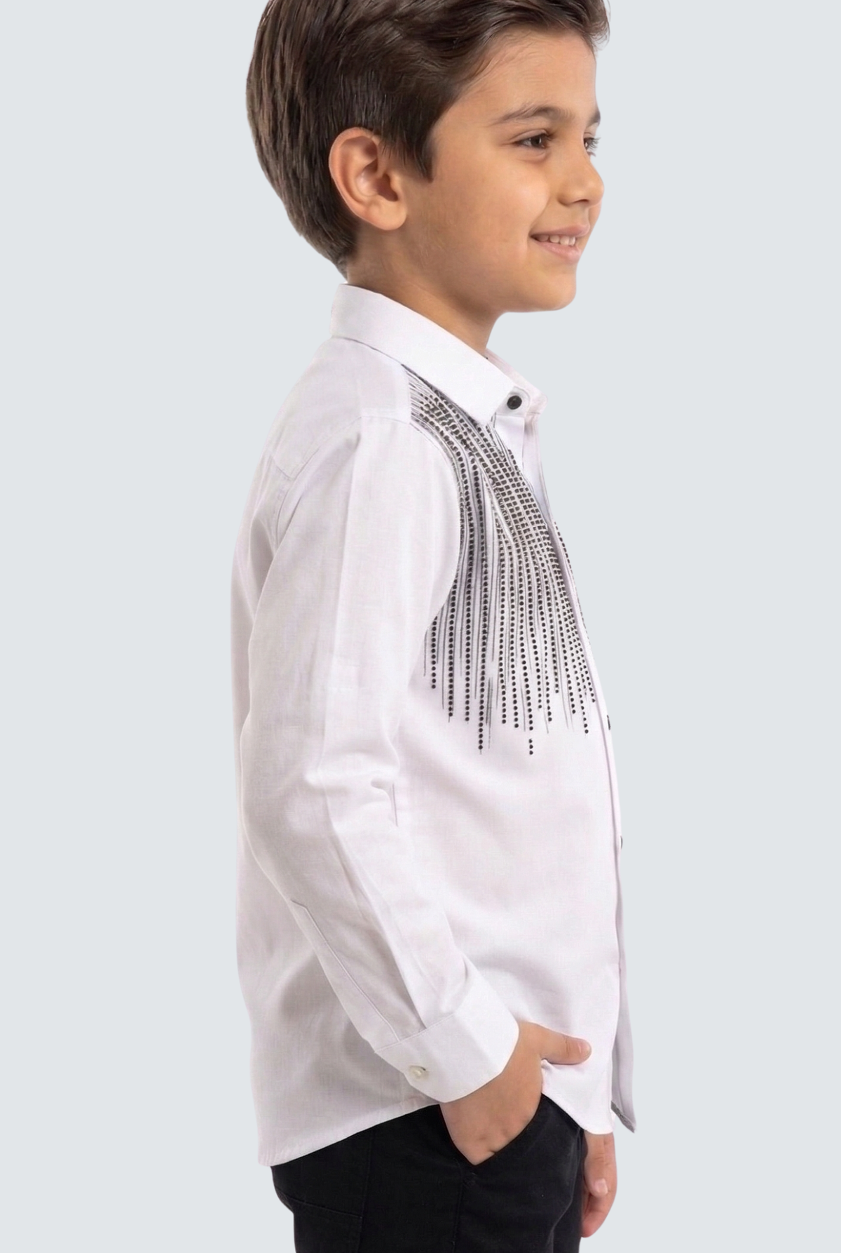 Kids white dress shirt with vertical black sequin fringe on the front and shoulder