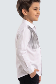 Kids white dress shirt with vertical black sequin fringe on the front and shoulder