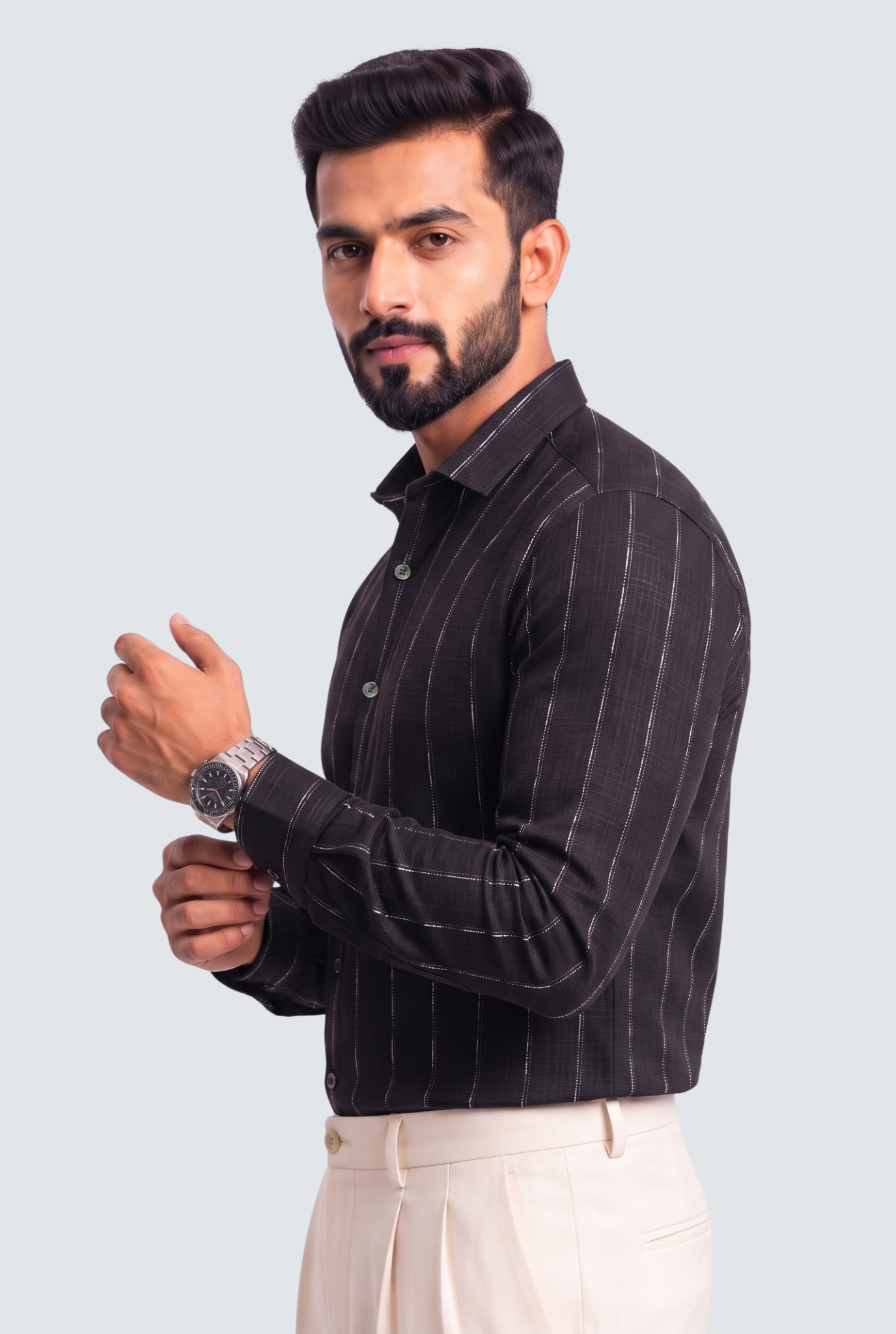 Men's black linen stripe shirt, side view, button placket and cuffs