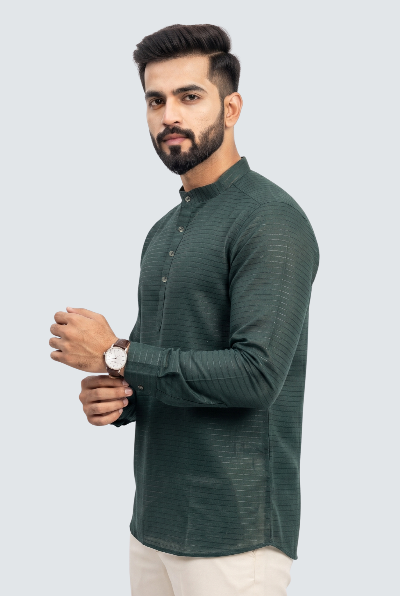 Men's bottle-green short kurta, side view with button placket and long sleeves