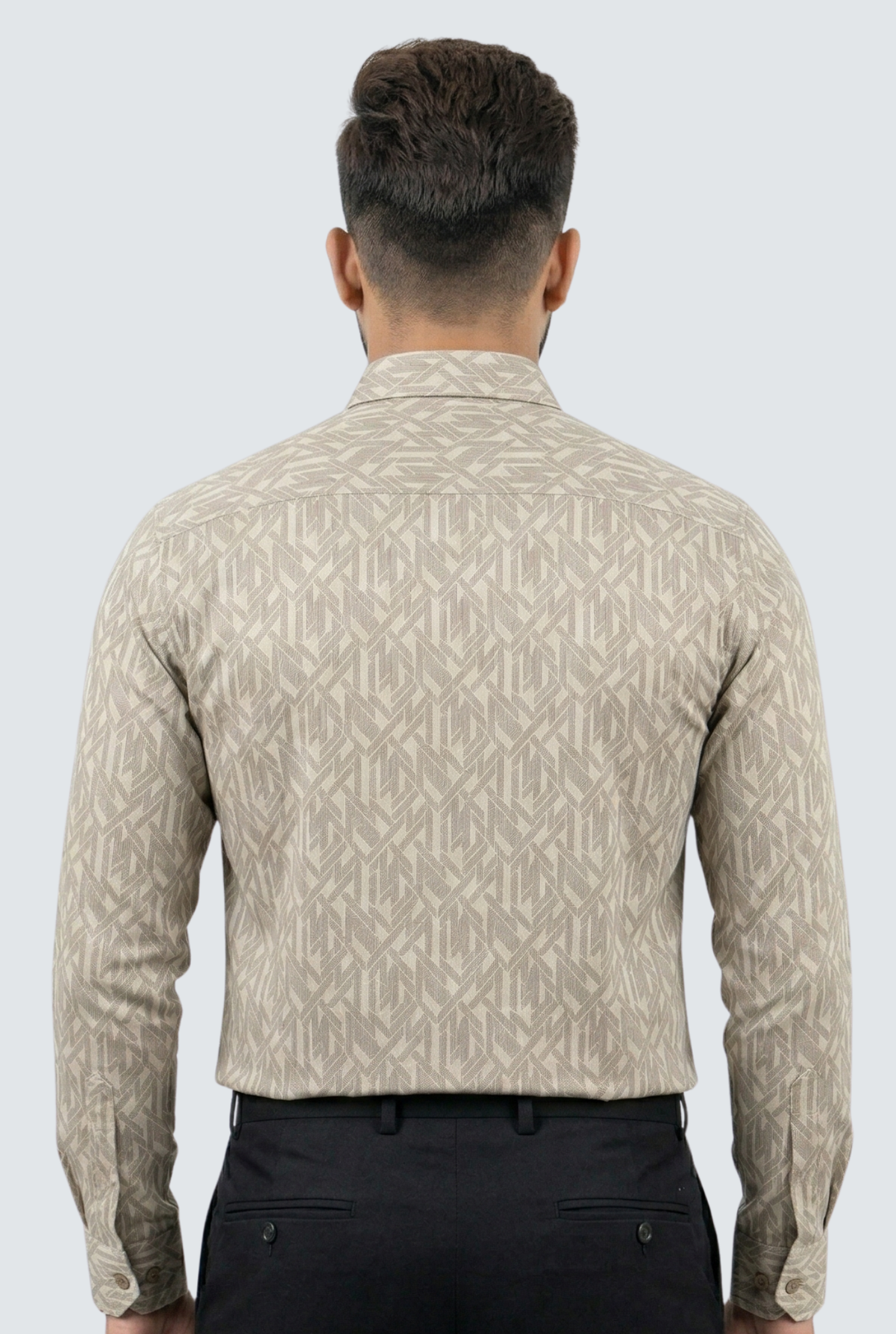 Men's fawn dobby cotton shirt with geometric pattern, back view, long sleeves