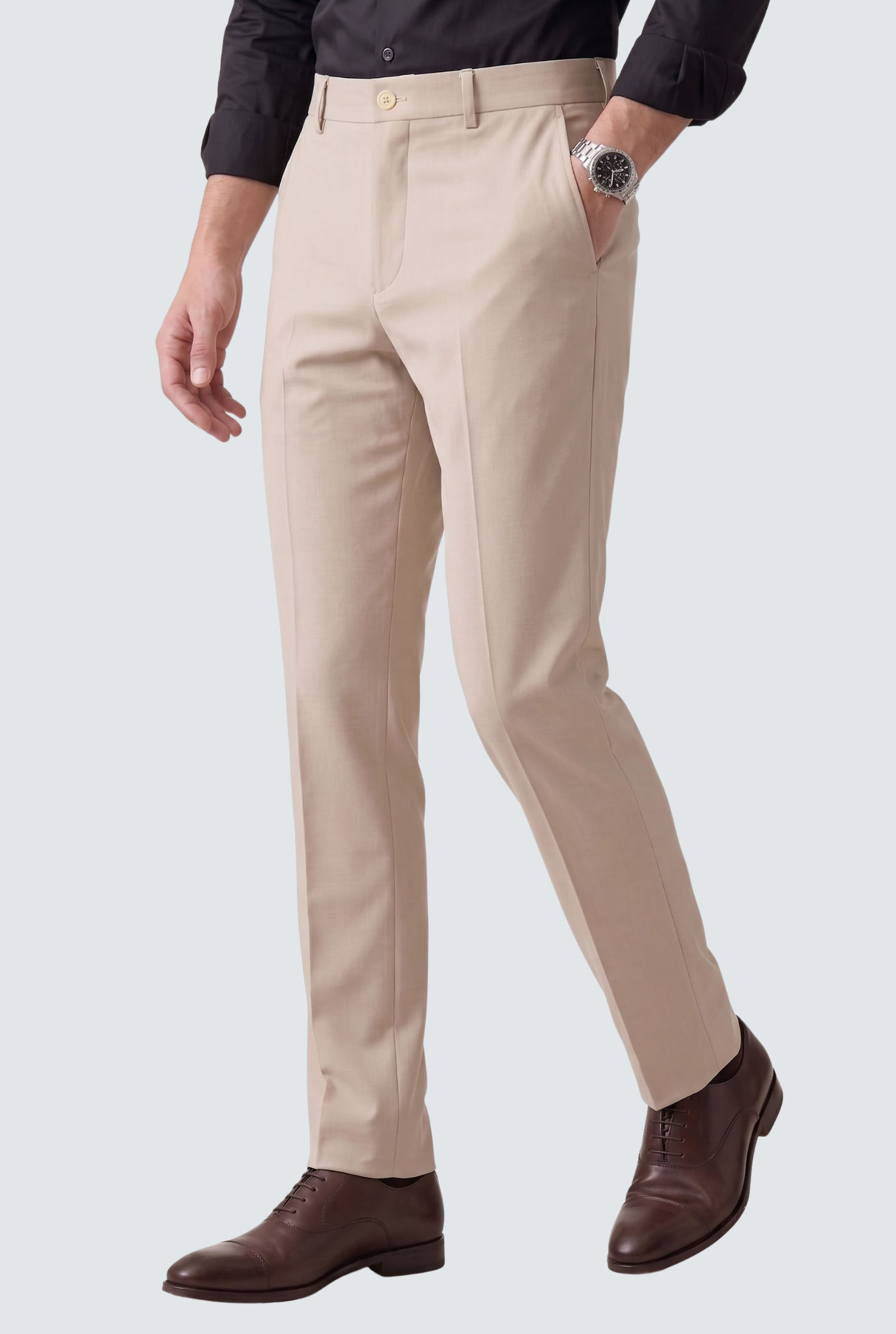 Men's fawn slim-fit regular trousers, side view, slanted pockets and straight hem
