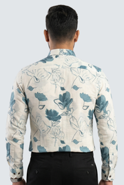 Men's cotton floral shirt back view, cream with blue leaf print and button cuffs