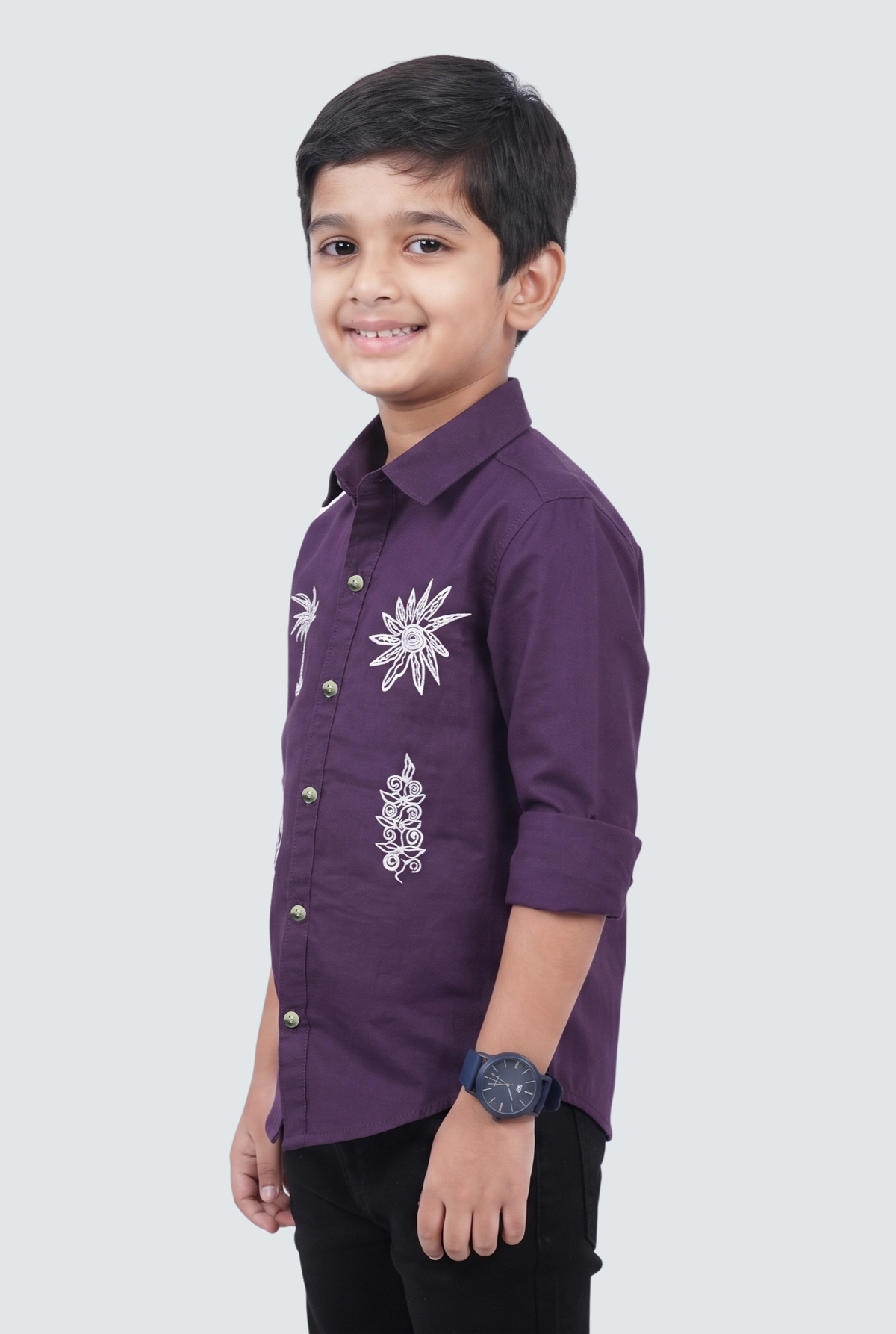 Boys purple full-sleeve button-up shirt with white printed front motifs, side view