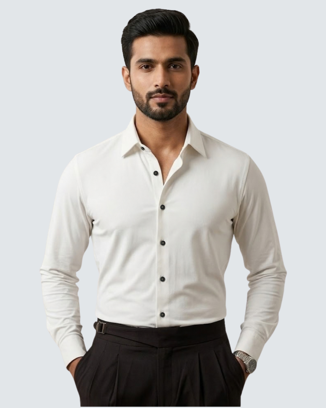 White button-up shirt with open pointed collar and dark buttons