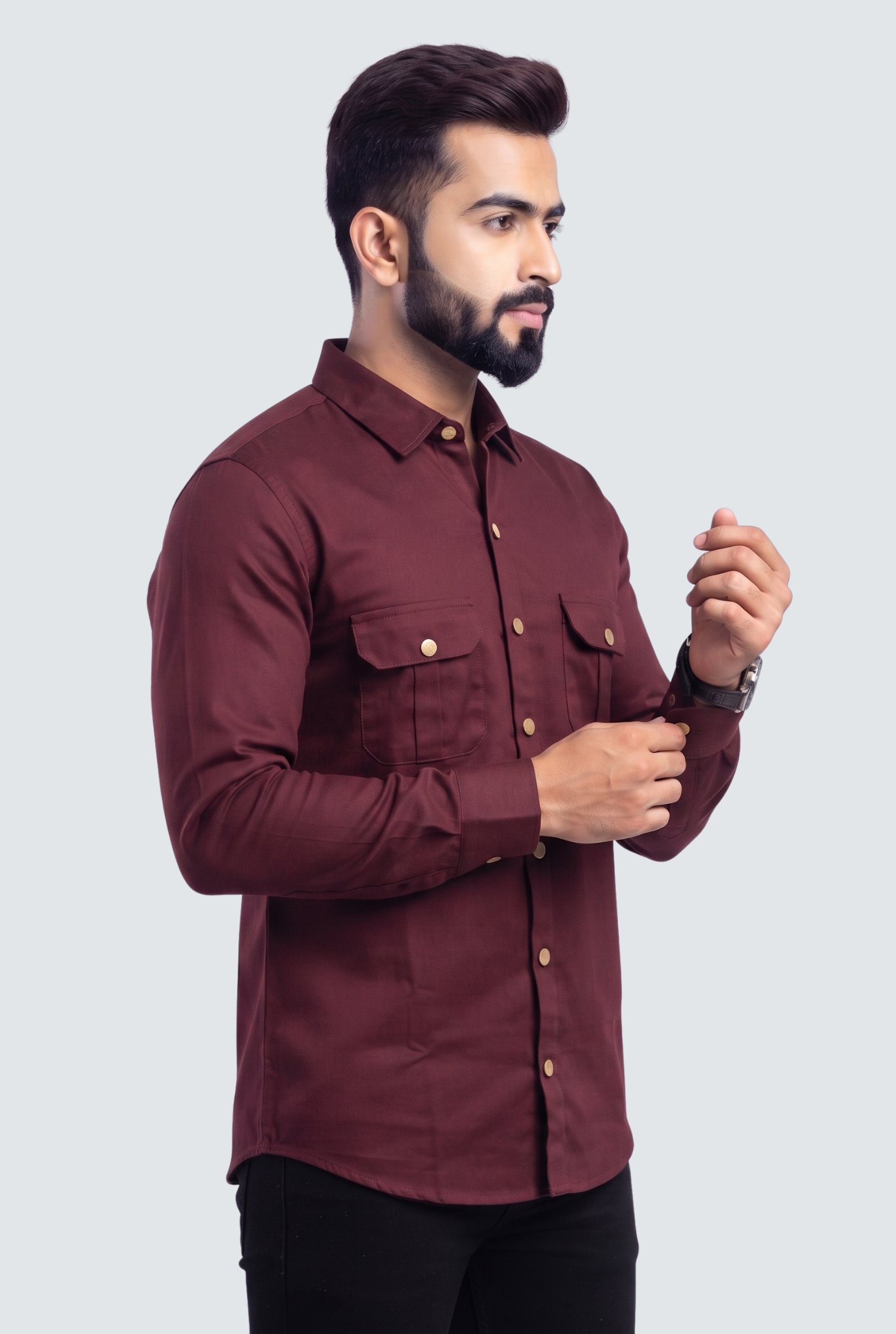 Men's Wine Cotton Lycra Double Pocket Full Sleeve Shirt-(1881)